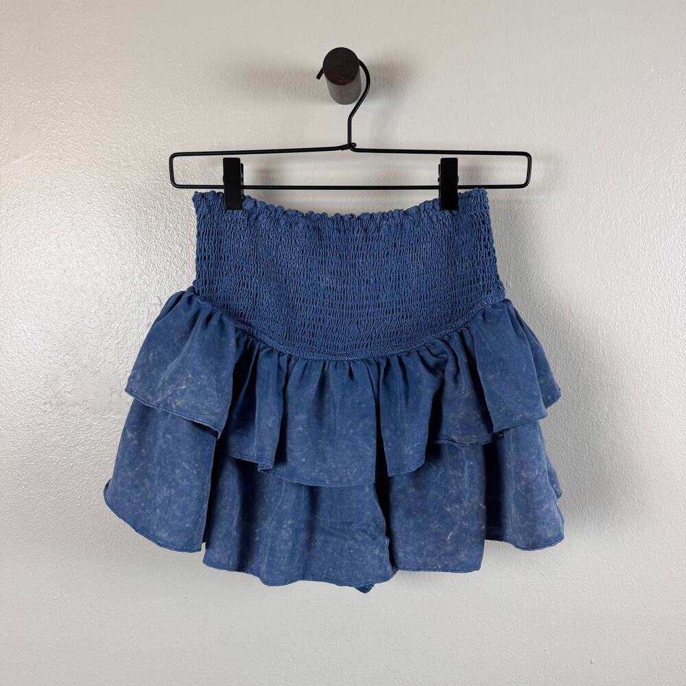 Entro Tiered Ruffle Skort Womens Small Blue Smocked Waist Mini Shorts S18010